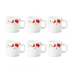 Larah by Borosil Red Carnation Opalware Cup Set, 6-Pieces, White