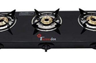 Thermador Toughened ISI Certified 3 Brass Burner Glass Gas Stove (LPG Use Only, Auto Ignition, Black)