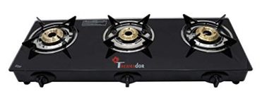 Thermador Toughened ISI Certified 3 Brass Burner Glass Gas Stove (LPG Use Only, Auto Ignition, Black)