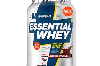 Bigmuscles Nutrition Essential Whey Protein 1Kg [Dutch Chocolate] | 24g Protein/serving with Digestive Enzymes,Vitamin & Minerals, No Added Sugar|Improved Strength , Faster Recovery & Muscle Building