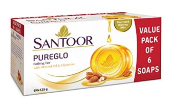 Santoor Pureglo Glycerine Bath Soap With Almond Oil For Moisturized, Nourished And Shining Skin, 125G (Pack Of 6)