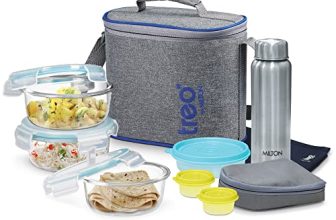 Treo By Milton All Fresh Premier Tiffin Set Of 8 (3 – Containers, 400 Ml Each; 1 – Steel Bottle, 750 Ml; 2 – Pickle/Chutney Dabba, 30 Ml Each; 1 – Salad/Papad Dabba, 200 Ml; 1 – Dining Mat, Glass)