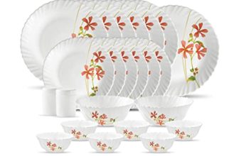 La Opala, Novo Collection, Opal Glass Dinner Set 23 Pcs, Coral Charm, White