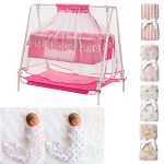 Kiddery Ares | Combo | Baby Cradle + 4X Wash Cloths + 2X 100% Cotton Muslin Wraps | Mosquito Protection Net| All Wheel Lock | Pineapple & Heart Print | Palna | Uyyala | Pink