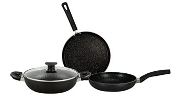 Bergner Essential Plus Non-Stick Cookware Set 4Pc-Kadhai With Glass Lid 2.6 L, Dosa Tawa 28Cm, Frypan 24Cm 1.8 L, Induction & Gas Ready, Stylish Granite Coating With Enahnced Bakelite Handles, Black