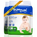 Bumtum Baby Diaper Pants, Medium Size, 132 Count, Double Layer Leakage Protection Infused With Aloe Vera, Cottony Soft High Absorb Technology (Pack Of 2)