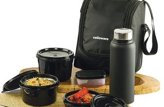 Cello Max Fresh All In One Lunch Box Set Of 5 With Fabric Bag | 3 Plastic Containers With Steel Inner, 1 Pickle Box And 1 Steel Bottle | Microwave Safe | Full Meal And Easy To Carry