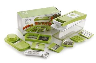 Ganesh 14 In 1 Multipurpose Chopper, Fruits & Vegetable Cutters, Grater Peeler Chipser, Unbreakable Food Grade Body, Easy Push To Clean Button Slicer Dicer, Chopper For Kitchen (Green, Plastic)