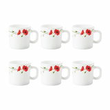 Larah by Borosil Red Carnation Opalware Cup Set, 6-Pieces, White
