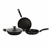 Bergner Essential Plus Non-Stick Cookware Set 4Pc-Kadhai With Glass Lid 2.6 L, Dosa Tawa 28Cm, Frypan 24Cm 1.8 L, Induction & Gas Ready, Stylish Granite Coating With Enahnced Bakelite Handles, Black