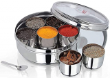 Springway – Brand Of Happiness | Swaad Spice Box/Masala Dabba Stainless Steel, See Through Lid With 7 Containers, And Spoon, Size No. 11 (18.5Cm Dia) (1.5 Ltr Capacity) (Medium)